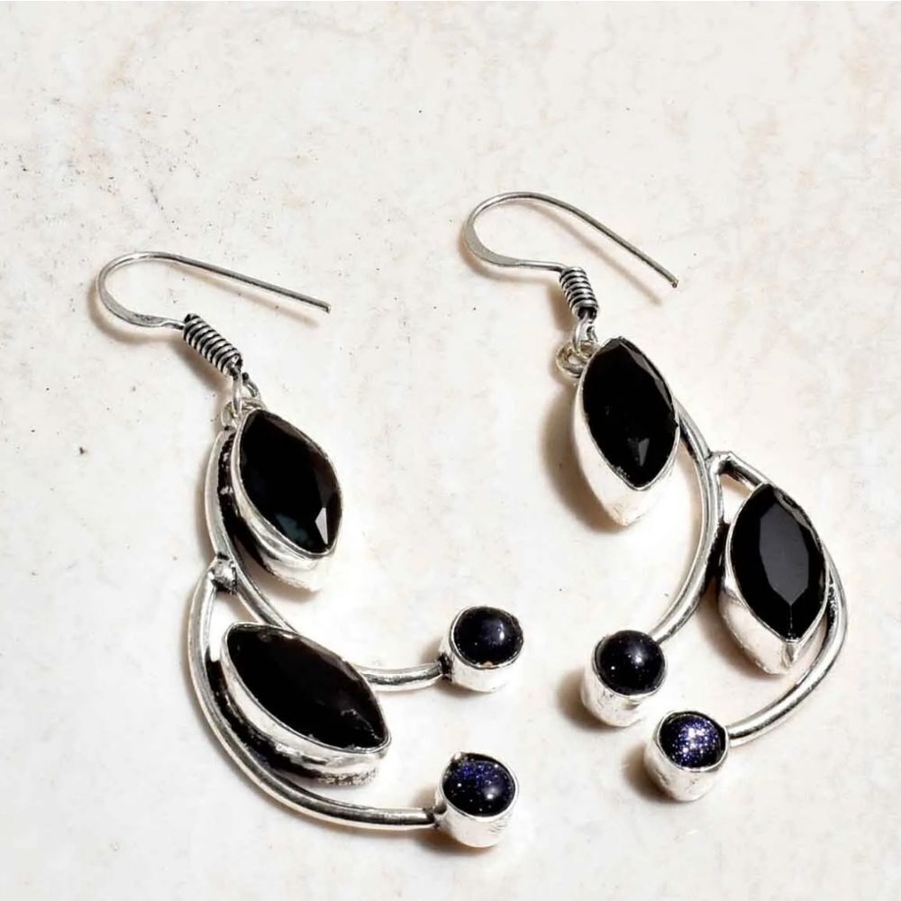 Black Onyx Blue Sunstone Handmade Drop Dangle Earrings Jewelry 2.08"